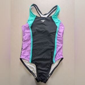Speedo Black Swimsuit with Purple and Teal Panels